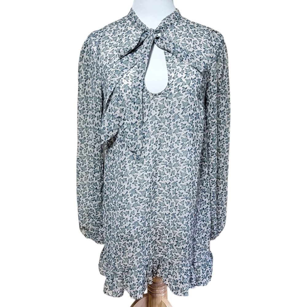 Free People Sheer Floral Tie Neck Mini Dress Ruffle Hem Womens XSmall